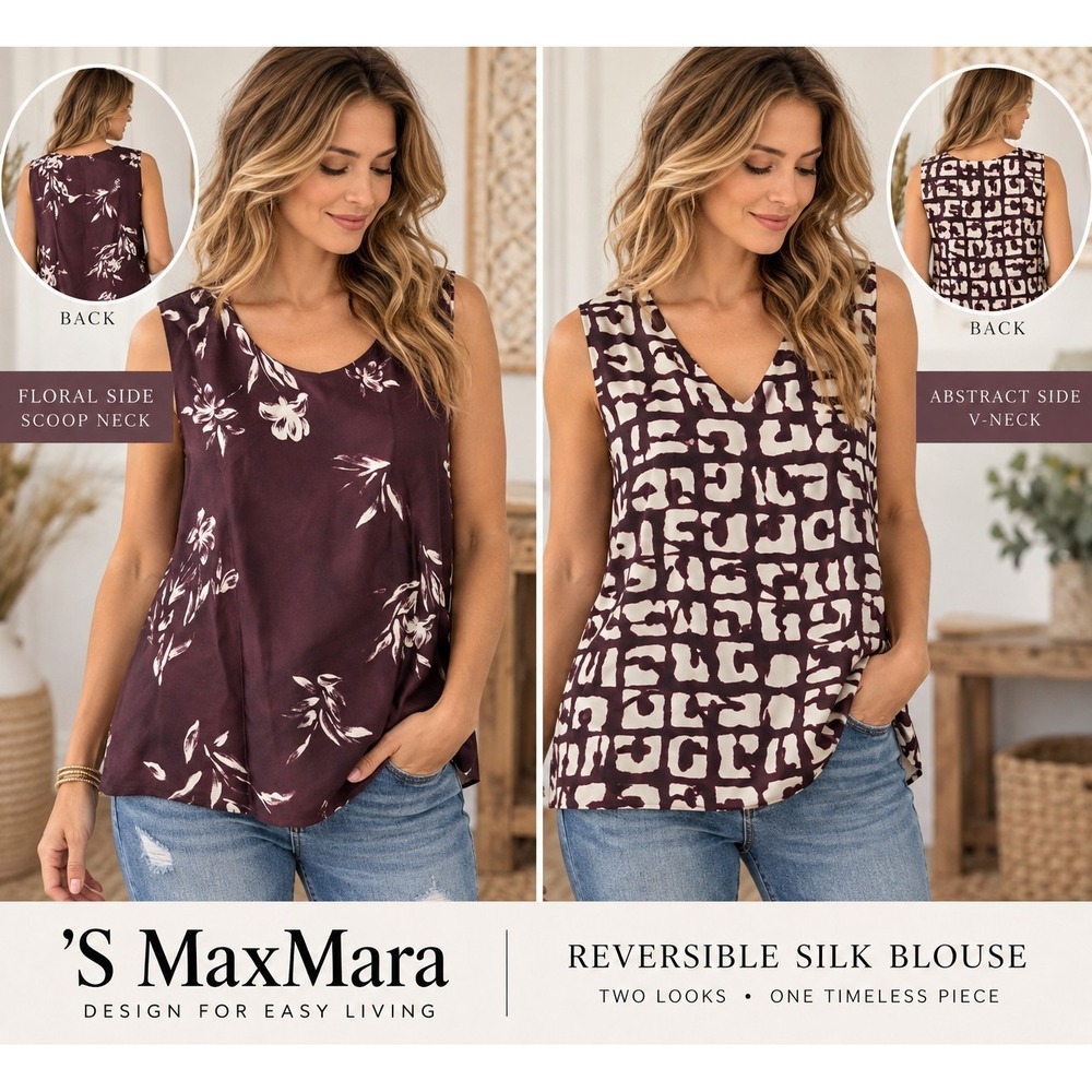 'S Max Mara Reversible Silk Blouse US 14 Burgundy Floral Abstract Sleeveless